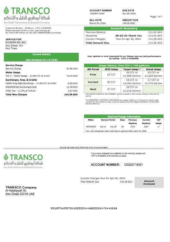United Arab Emirates Abu Dhabi Distribution electricity business utility bill template in Word and PDF formats